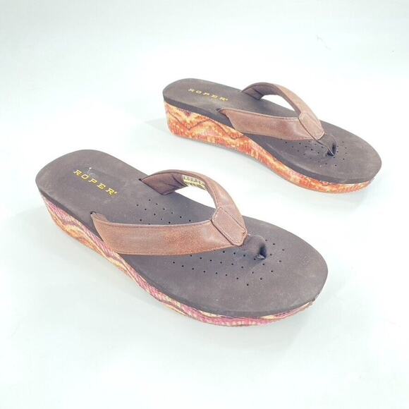 Roper Shoes - Roper Womens Wave Low Wedge Flip Flops Thong Sandals Brown‎ Sz 9